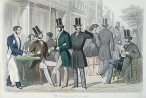 Homens jovens elegantes no terraço de um café, 1857 (gravura a cores) de French School