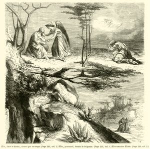 Elias, no deserto, alimentado por um anjo, Elias, inclina-te, escuta o Senhor, Elias leva Eliseu (gravura) de French School