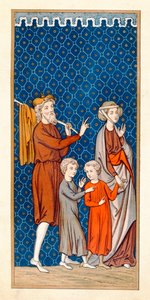 Elimeleque e sua esposa Naomi com seus dois filhos deixando Belém depois de uma fome, cópia da miniatura do século XVI de French School