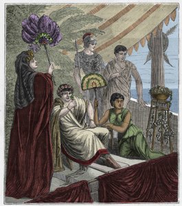 Lâmina esmeralda usada como instrumento óptico pelo Imperador Nero, Imperador Nero, Imperador de Roma (54-68 d.C.) assistindo a um combate de gladiadores através de uma esmeralda de terra côncava servindo como lente para corrigir a sua miopia - Gravação em de French School