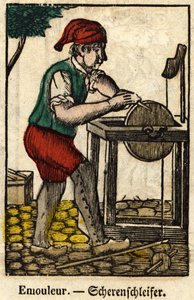Emouleur (consiste em afiar objectos com a mó); Série sobre artesanato, imagem de Epinal do século XIX. de French School