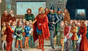 O imperador Carlos Magno visitando uma escola, o seu interesse pela educação e aprendizagem e o patrocínio de estudiosos levou-o a ser considerado o patrono das escolas. de French School