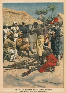 Fim da revolta da Costa do Marfim, as abadias se rendem ao comandante Nogues, ilustração de &39;Le Petit Journal&39;, suplemento ilustre, 15 de maio de 1910