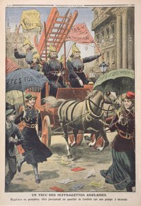 Sufragistas inglesas vestidas como bombeiros, do Le Petit Journal, 3 de abril de 1910