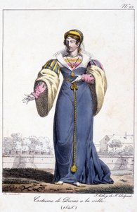 Gravura, fato de senhora na cidade por volta de 1545. de French School