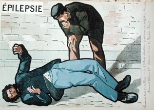 "Ataque epiléptico causado por alcoolismo agudo", do quadro de parede do Dr. Galtier-Boissiere sobre os perigos do alcoolismo, no final do século XIX (cor litho) de French School