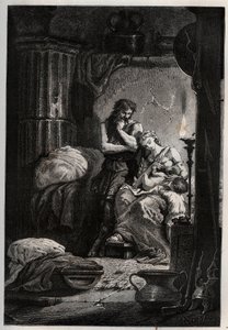 Eponine e seu marido Julius Sabinus (falecido em 78 d.C.) vivendo clandestinamente em uma caverna para escapar do imperador Vespasiano (9-79) - Sabinus e sua esposa Eponine, escondidos em uma caverna - gravura de "L