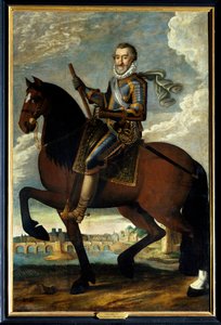 Retrato equestre de Henrique IV (1553-1610) rei da França em frente à Pont Neuf em Paris. Pintura anónima do século XVII. Óleo sobre tela. Menção obrigatória: Sully sur Loire, Chateau de Sully de French School