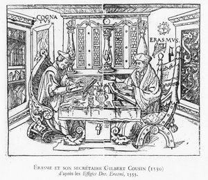 Erasmus e seu secretário Gilbert Cousin (xilogravura) de French School