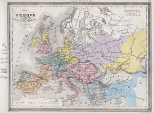 Europa após a invasão dos bárbaros no século VI - Placa extraída do "Atlas Universal da Geografia Antiga e Moderna para o Uso das Escolas Residenciais" por Vuillemin - por volta de 1845 de French School