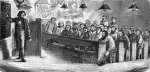 Aula nocturna numa escola pública para adultos em Paris, em 1858. de French School