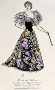 Vestido de noite em damasco com brocado de crisântemo em um fundo preto, 1894 de French School