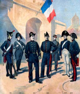 EvoLução do uniforme dos alunos da École Polytechnique de Paris e sua bicorne entre 1796 e 1894 de French School