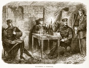 Examinando um desertor, ilustração de Cassells História da guerra entre a França e a Alemanha, 1870-1871 de French School