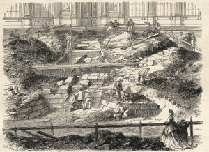 Escavações na Cour Carree du Louvre - Descoberta das fundações da antiga torre de Philippe Auguste - Escavações realizadas no pátio do Louvre - actualização das fundações da antiga Tour Philippe-Auguste - Gravura no "Le monde i de French School