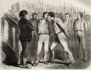 Execução dos quatro sargentos de La Rochelle a 21 de Setembro de 1822: Bories, Raoulx, Gaubin, Pommier - Raoulx, que iria passar o primeiro, pediu para abraçar os seus camaradas - Gravação em "Causes celebres de tous les peuples" por Armand Fouquier (1817- de French School