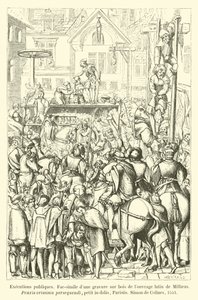 Execuções públicas, fac-símile duna gravura sur bois de louvrage latina de Millaeus, Praxis criminis persequendi, Parisiis, Simon de Colines, 1541 de French School