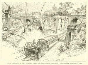 Experiência da Locomotiva Agudio Cabo, feita na Ferrovia de Turim a Génova, subida e descida da rampa (gravura) de French School