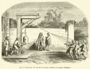 Experiência do vaso de vidro que conduz uma tropa de homens (gravura) de French School