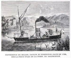 Experiência de Miller, Taylor e Symington, feita em 1789, no pedaço de água da terra de Dalswinton - no "Álbum da Ciência; ilustres estudiosos; Grandes Descobertas" 1896. de French School