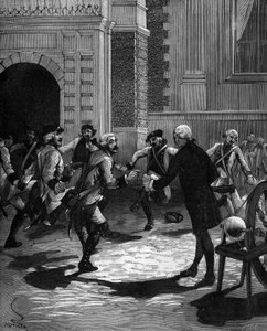 Experiência da garrafa de Leiden por Abbe Jean Antoine Nollet (Jean-Antoine) (1700-1770), físico francês em Versalhes, onde 180 guardas foram atingidos ao mesmo tempo.1746 de French School