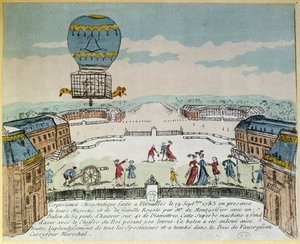 Experiência em Versailles dos irmãos Montgolfier com o vôo em um balão de ar quente Montgolfiere de um galo, um pato e uma ovelha em 19 de setembro de 1783 de French School