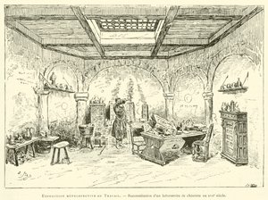 Exposição retrospectiva da Obra, reconstrução de um laboratório de química no século XVII (gravura) de French School
