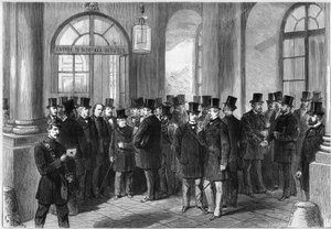 Prorrogação do mandato presidencial do marechal de Mac-Mahon (Mac Mahon), estabelecimento do septennat na França, novembro de 1873: vista da porta de entrada da Assembllee de Versailles, no dia da discussão da prorrogação. Da esquerda para a direita de French School