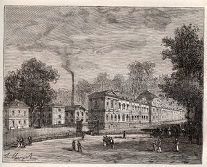 Vista exterior da Fábrica de Porcelana Imperiale de Sevres, construída no parque de Saint Cloud seguindo os planos do arquitecto Laudin - gravura em "France illustree: geography, history, statistical administration" de V.-A. Malt-Brown. 1884 de French School