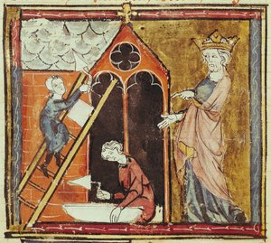 F.235v Rei Luís VI (1080-1137) Assistindo a construção de uma igreja, das Grandes Chroniques de France 1375-79 de French School
