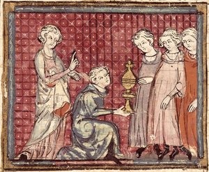 F.29r A Divisão do Reino sobre a Morte de Clotário I (497-561), das Grandes Chroniques de France 1375-79 de French School