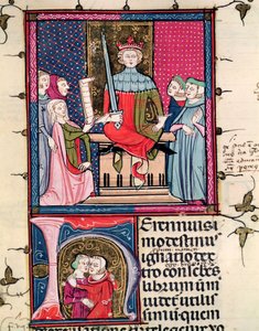 F.39r Lei Conjugal, uma esposa adúltera que aparece no tribunal, de Justiniani em Fortiatum de French School