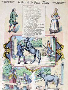 Fábula de La Fontaine "O burro e o cãozinho". Imagem de Epinal-Pellerin de French School