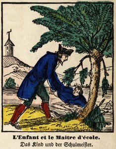 Fables de La Fontaine: a criança e o mestre da escola. Imagem de Epinal, primeira metade do século XIX de French School