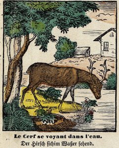 Fables de La Fontaine: os veados vendo-se na água. Imagem de Epinal, primeira metade do século XIX de French School
