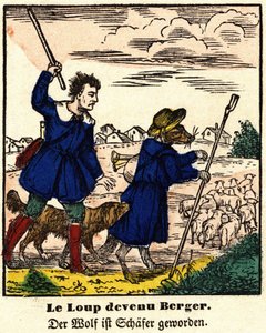 Fábulas de La Fontaine: o lobo tornou-se pastor. Imagem de Epinal, primeira metade do século XIX. de French School