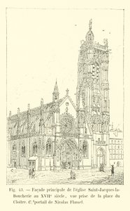 Fachada principal da igreja de Saint-Jacques-la-Boucherie no século 17, vista tirada da praça Cloitre, portão de Nicolas Flamel de French School