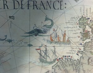 Facsmile de Whaling e Isle of Saint Brandon, detalhe de um mapa portulan por Pierre Desceliers, 1546, publicado em Monuments de la Geographie por Edme Francois Jomard (1777-1862)