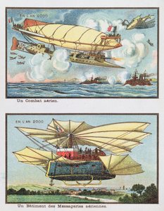 Representações de fantasia de uma batalha aérea e de uma aeronave para transporte de carga no ano 2000, c.1910 de French School