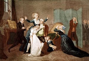 Adeus a Luís XVI pela sua Família no Templo, 20 de Janeiro de 1793 - A última entrevista de Luís XVI com a sua família (Maria Antonieta e os seus filhos Marie Therese ou Madame Royale (1778-1851) e Luís XVII (1785-1795), na véspera da sua execução em T de French School