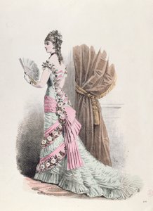 Chapa de moda de uma mulher em vestido de noite e com um ventilador, 1877 (gravura de cor) de French School