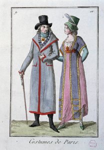 Moda sob o Directoire: um casal de elegantes parisienses. Litografia anónima de 1795. Paris, museu da fantasia de French School