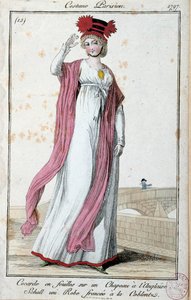 Moda sob o Directoire: jovem elegante vestindo um fato parisiense: cocarde em lençóis sobre chapéu inglês, vestido franzido com coblentz. Gravura anônima. 1797 Paris, Musee du costume de French School