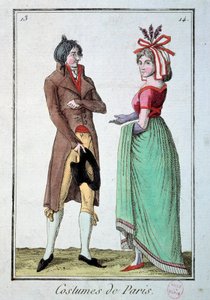 Moda sob o diretório: um casal elegante, a mulher usa um chapéu no jardineiro. Gravura de 1795. Paris, museu do traje de French School