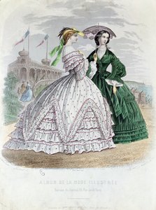 Senhoras parisienses elegantes na beira-mar, 1861 (gravura da cor) de French School