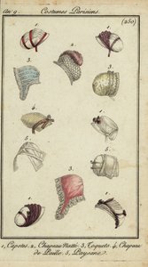 Chapéus da moda de 1800 (gravação em chapa de cobre colorida à mão) de French School