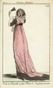 Mulher da moda em véu de renda, vestido de musselina damasco de French School