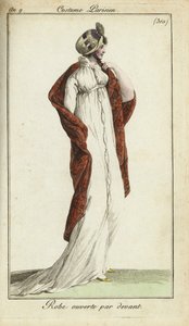 Mulher da moda com chapéu de palha, vestido e xaile de French School
