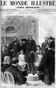 Ferdinand de Lesseps está rodeado pela sua família e companheiros de viagem, contando a sua viagem ao Panamá na Salle de la Sorbonne. Capa do "Mundo Ilustrado" de 1880. de French School