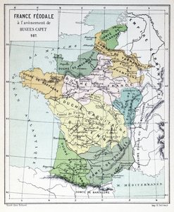 França feudal na época da adesão de Hugues Capet em 987, mapa ilustrado em uma Histoire de France c.1880